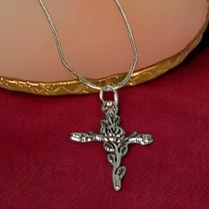 Silver Rose Cross Necklace Christian Spiritual Religious Jewelry Floral Design